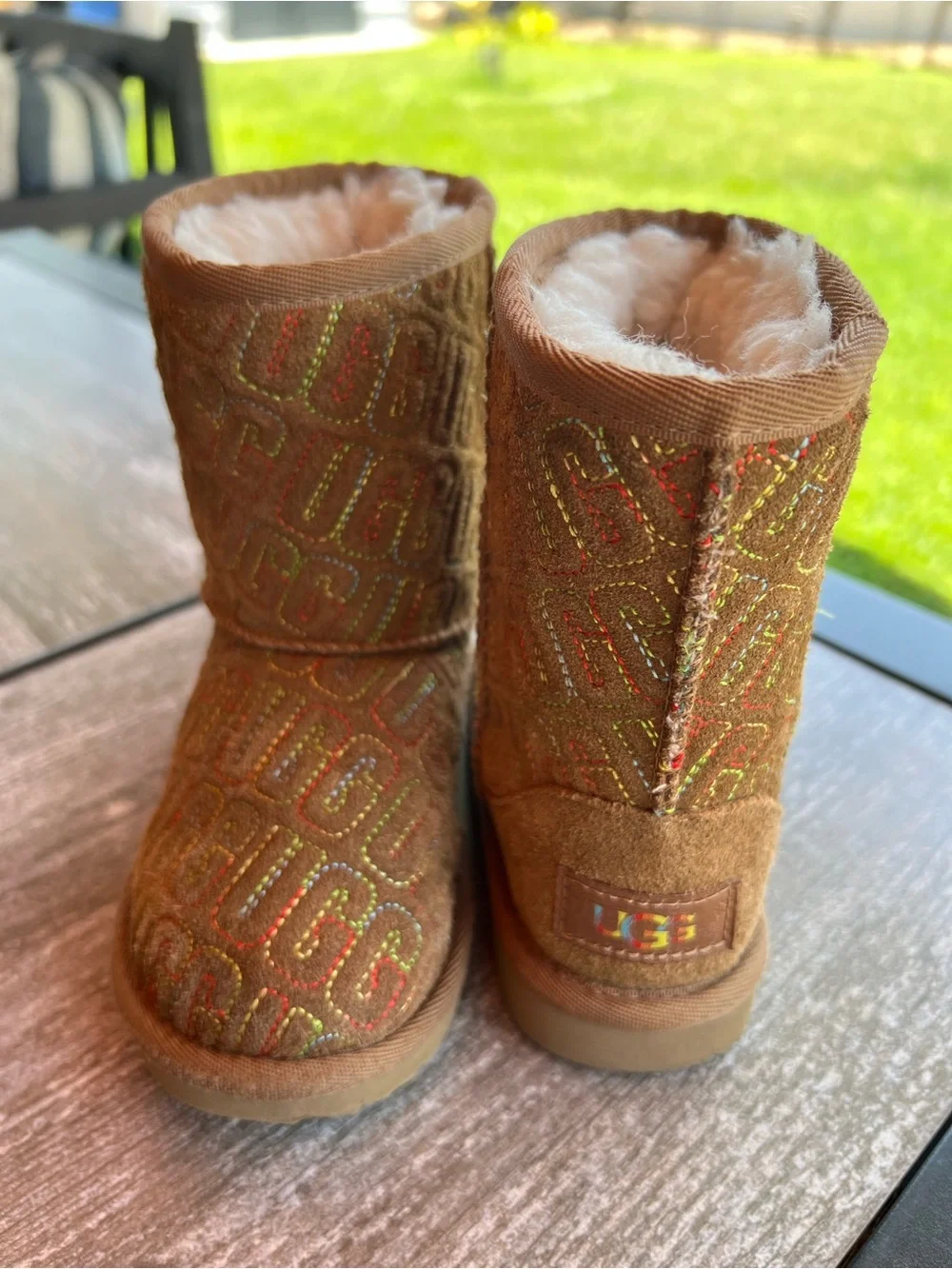 UGG Kids Classic Boots | Rainbow Embroidered | Chestnut Suede | Size 10T